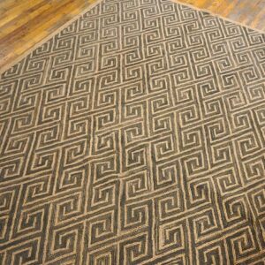 Contemporary American Hooked Rug 6'×9' — Brown Wool & Jute Greek Key - detail view 7