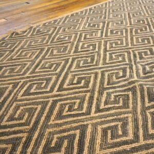 Contemporary American Hooked Rug 6'×9' — Brown Wool & Jute Greek Key - detail view 8