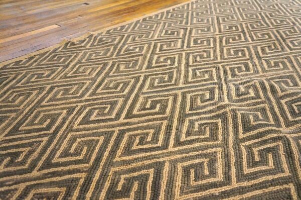 Contemporary american hooked rug 6'×9' — brown wool & jute greek key - detail view 8