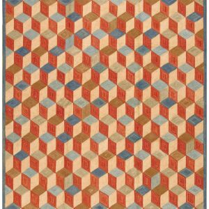 Contemporary American Hooked Rug — Colorful 3-D Cubes Pattern