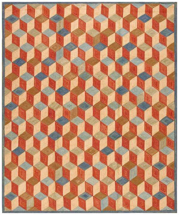 Contemporary american hooked rug — colorful 3-d cubes pattern