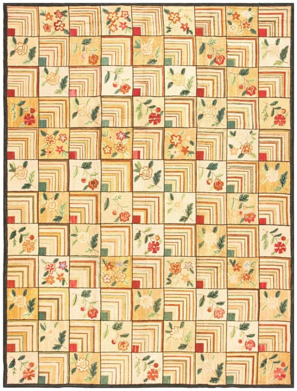 Contemporary american hooked rug â€” folk art style, beige background