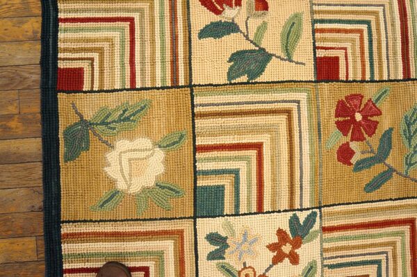 Contemporary american hooked rug â€” folk art style, beige background - detail view 1