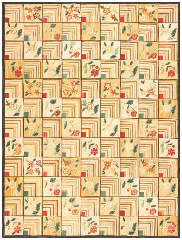 Contemporary american hooked rug — folk art style, beige background