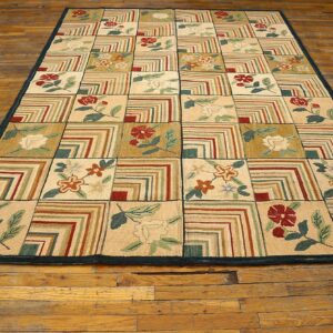 Contemporary American Hooked Rug — Folk Art Style, Beige Background - detail view 1