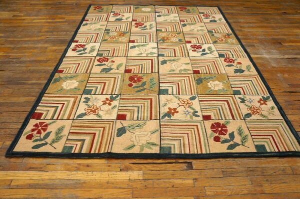 Contemporary american hooked rug — folk art style, beige background - detail view 1