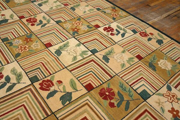 Contemporary american hooked rug — folk art style, beige background - detail view 3