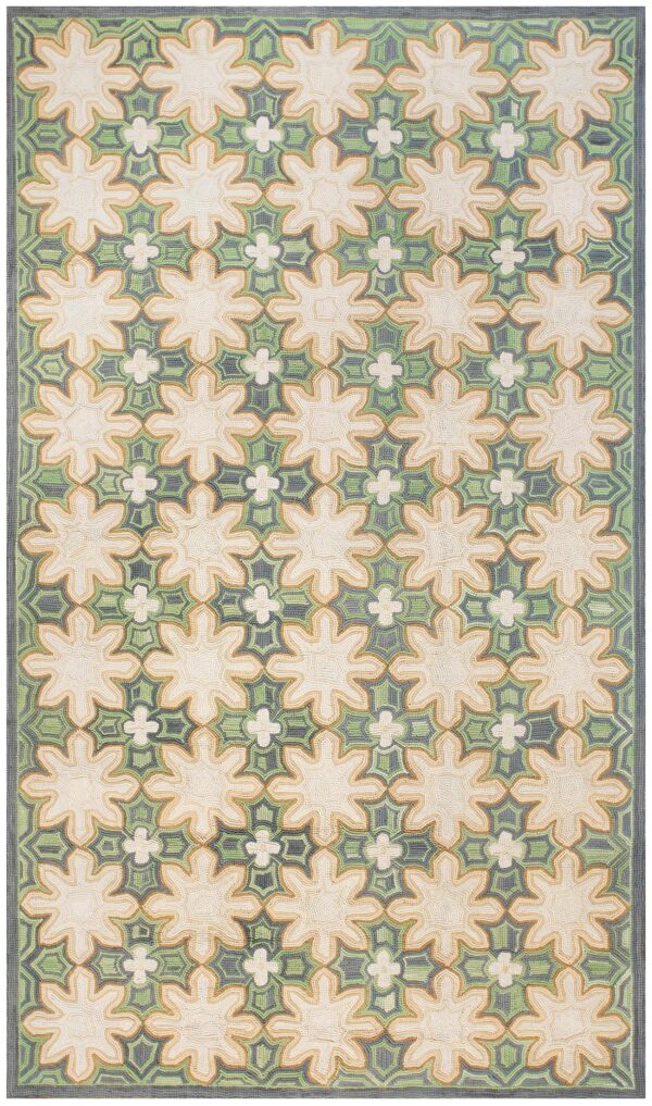 Contemporary american hooked rug â€” green color, star pattern