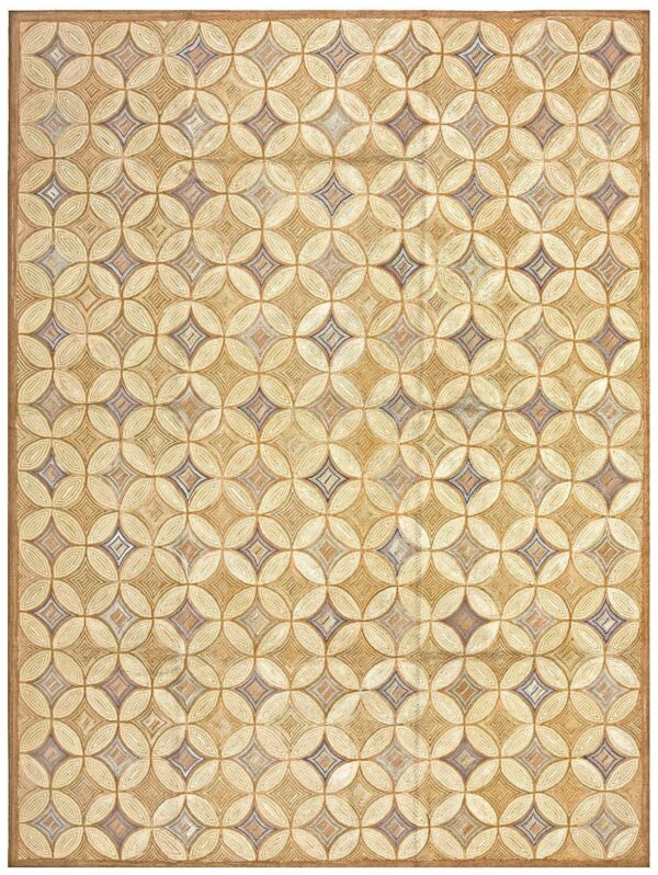 Contemporary american hooked rug — ivory & blue geometric pattern