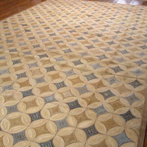 Contemporary American Hooked Rug — Ivory & Blue Geometric Pattern - detail view 2