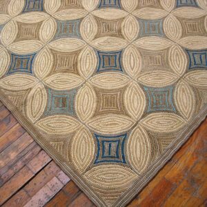 Contemporary American Hooked Rug — Ivory & Blue Geometric Pattern - detail view 7