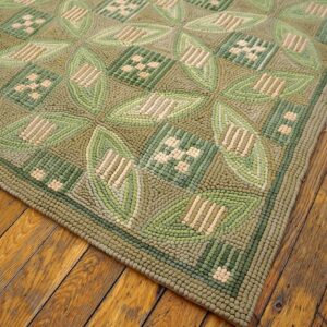 Contemporary American Hooked Rug — Light Green, Folk Art Style - detail view 4