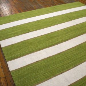 Contemporary American Hooked Rug 8'Ã—10' â€” Lime Green & White Stripe - detail view 2
