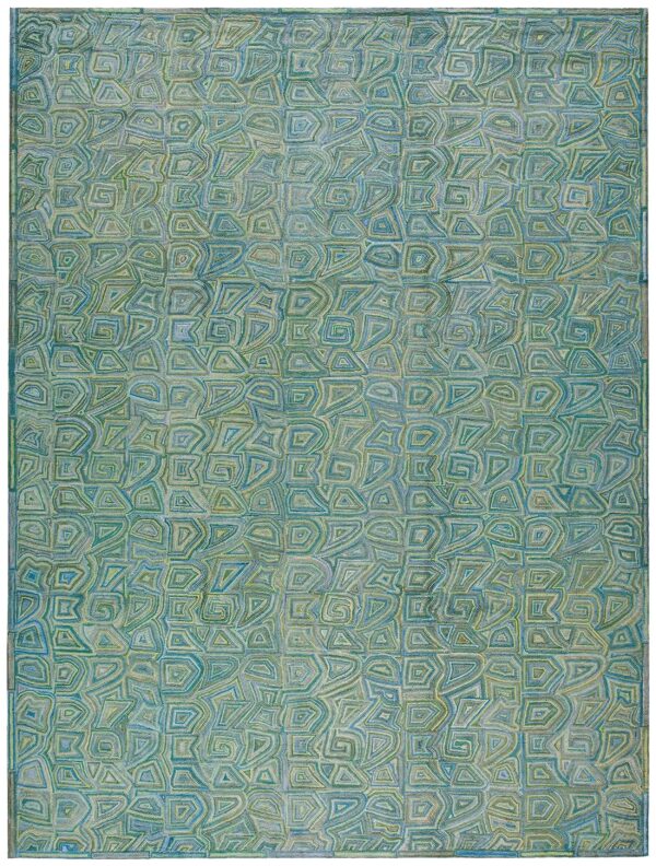 Contemporary american hooked rug — multi-blue color, geometric pattern
