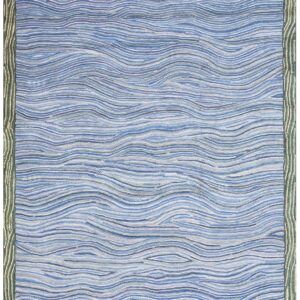 Contemporary American Hooked Rug — Multi-Blue Lines & Waves Pattern