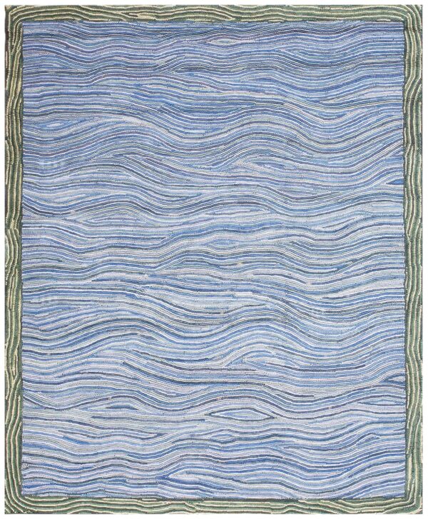 Contemporary american hooked rug — multi-blue lines & waves pattern