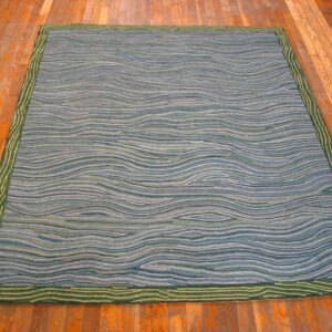 Contemporary American Hooked Rug — Multi-Blue Lines & Waves Pattern - detail view 1
