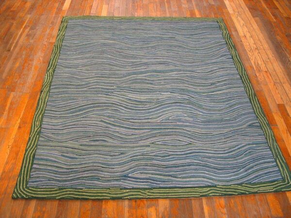 Contemporary american hooked rug — multi-blue lines & waves pattern - detail view 1
