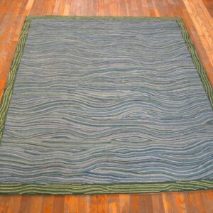 Contemporary American Hooked Rug — Multi-Blue Lines & Waves Pattern - detail view 2