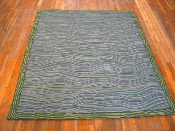 Contemporary american hooked rug — multi-blue lines & waves pattern - detail view 2