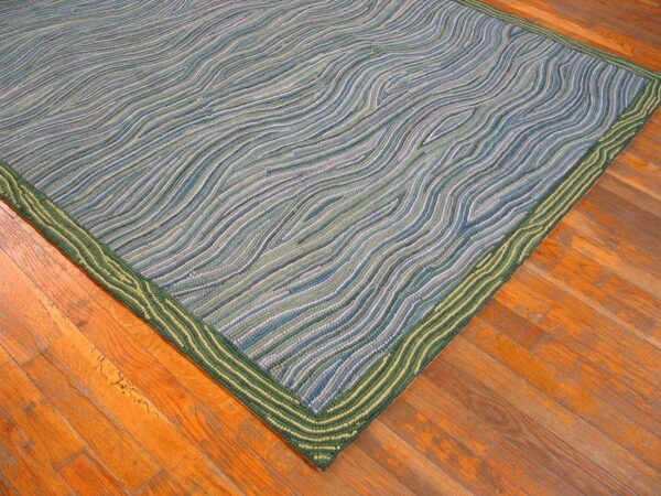 Contemporary american hooked rug — multi-blue lines & waves pattern - detail view 3