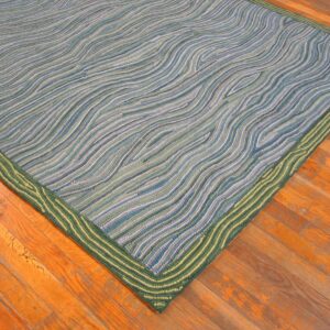 Contemporary American Hooked Rug — Multi-Blue Lines & Waves Pattern - detail view 4