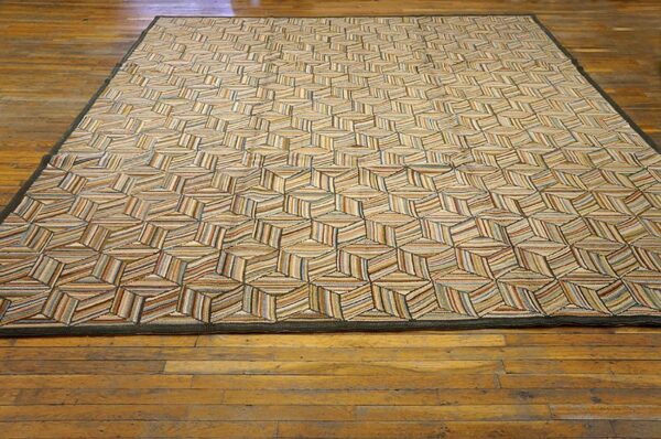 Contemporary american hooked rug — multicolor 3-d square, brown 2 Contemporary american hooked rug — multicolor 3-d square, brown - detail view 1
