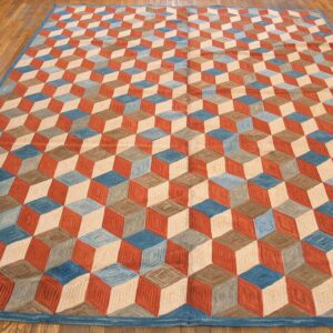 Contemporary American Hooked Rug 9'Ã—12' â€” Multicolor Square Pattern - detail view 1