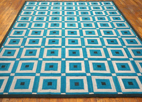 Contemporary american hooked rug 6'ã—9' â€” teal geometric design - detail view 1