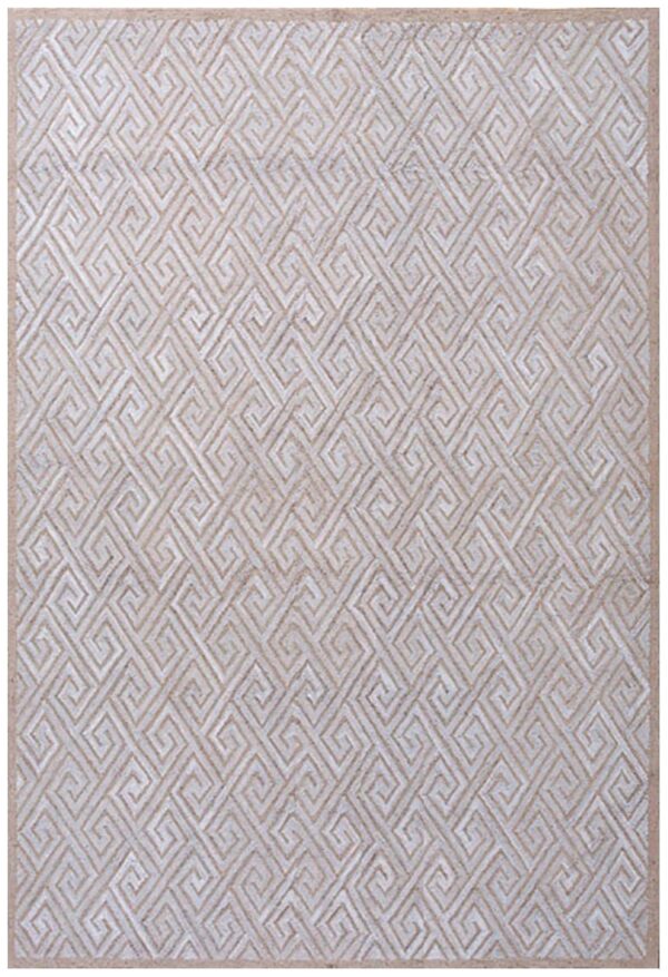 Contemporary american hooked rug — white & brown geometric pattern