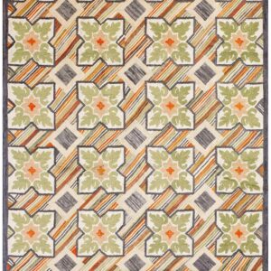 Contemporary American Hooked Rug â€” White & Green Cross-Flowers Pattern