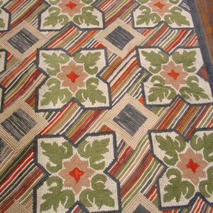 Contemporary American Hooked Rug â€” White & Green Cross-Flowers Pattern - detail view 2