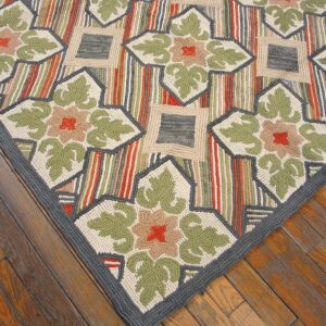 Contemporary American Hooked Rug â€” White & Green Cross-Flowers Pattern - detail view 3