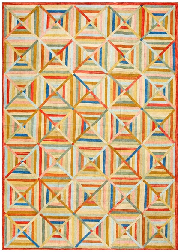 Contemporary cotton hooked rug, multi-diamond pattern, colorful field 1 Contemporary cotton hooked rug, multi-diamond pattern, colorful field