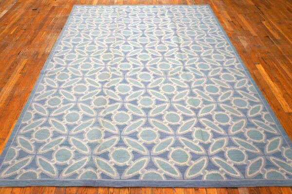 Contemporary handwoven wool needlepoint flat-weave rug with silk highlights, a calming composition with silk highlights - detail view 1