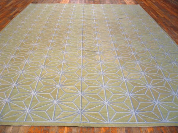 Contemporary handwoven wool needlepoint flat-weave rug with silk highlights, a refined decorative composition with silk highlights - detail view 1