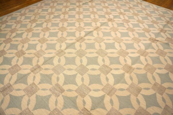 Contemporary handwoven wool needlepoint flat-weave rug with silk highlights, a refined composition with silk highlights - detail view 5