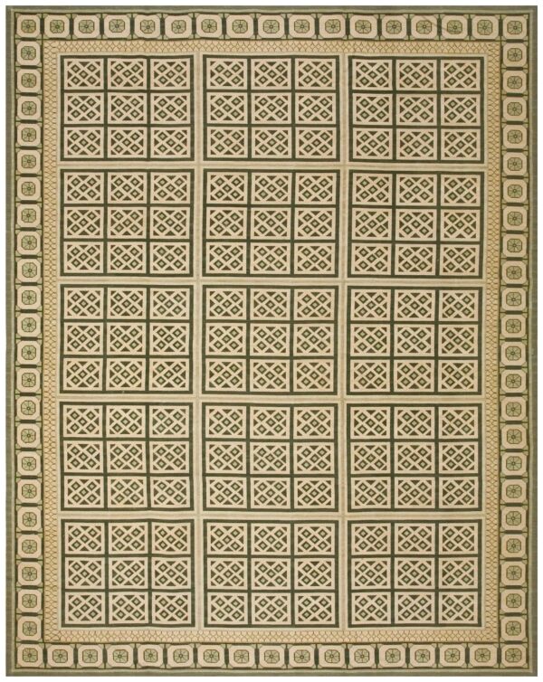 Contemporary handwoven wool needlepoint rug — beige & black geometric