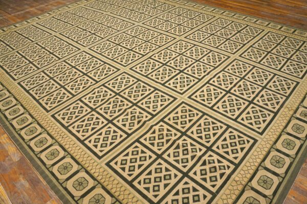 Contemporary handwoven wool needlepoint rug — beige & black geometric - detail view 9