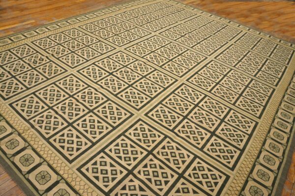 Contemporary handwoven wool needlepoint rug — beige & black geometric - detail view 10