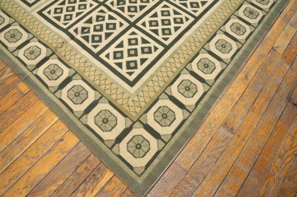 Contemporary handwoven wool needlepoint rug — beige & black geometric - detail view 12