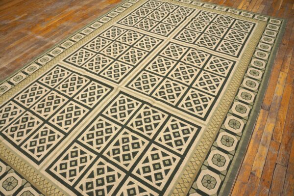 Contemporary handwoven wool needlepoint rug — beige & black geometric - detail view 3