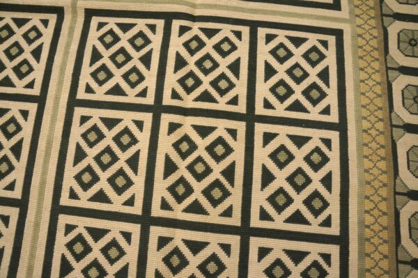 Contemporary handwoven wool needlepoint rug — beige & black geometric - detail view 4