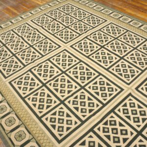 Contemporary Handwoven Wool Needlepoint Rug — Beige & Black Geometric - detail view 6
