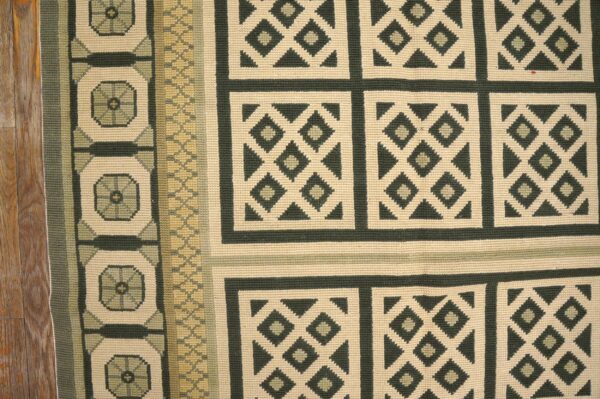 Contemporary handwoven wool needlepoint rug — beige & black geometric - detail view 7