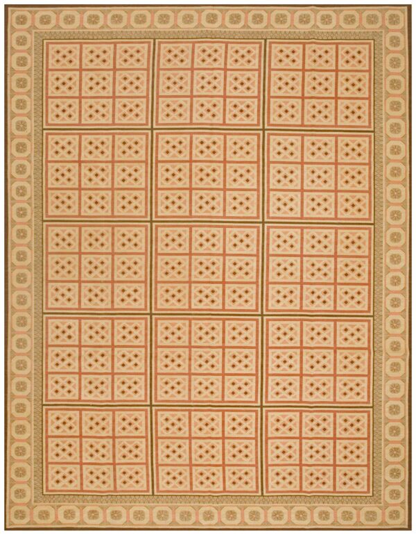 Contemporary handwoven wool needlepoint rug â€” beige ground, decorative square pattern