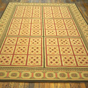 Contemporary Handwoven Wool Needlepoint Rug â€” Beige Ground, Decorative Square Pattern - detail view 1