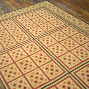Contemporary Handwoven Wool Needlepoint Rug â€” Beige Ground, Decorative Square Pattern - detail view 2