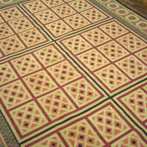 Contemporary Handwoven Wool Needlepoint Rug â€” Beige Ground, Decorative Square Pattern - detail view 3
