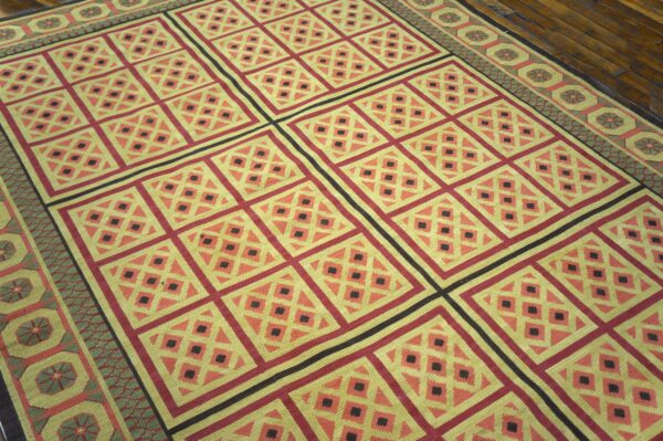 Contemporary handwoven wool needlepoint rug â€” beige ground, decorative square pattern - detail view 3